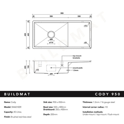Buildmat Sink Brushed Stainless Steel Cody 950x450 Single Bowl w Drain Board Sink