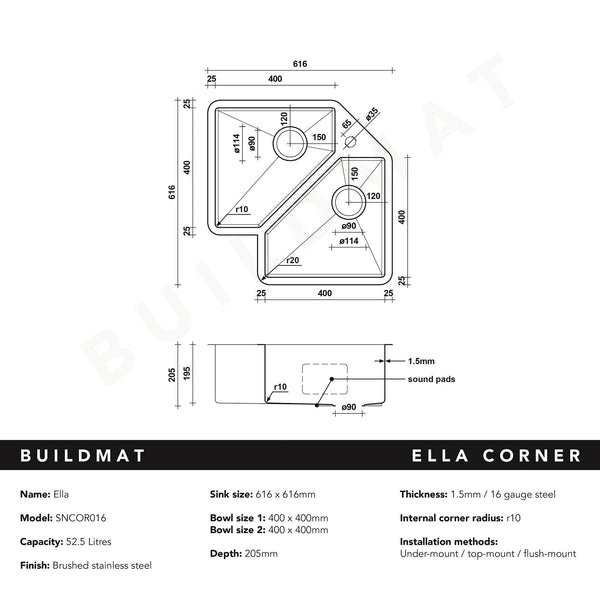 Buildmat Sink Stainless Steel Ella Corner Double Bowl Sink
