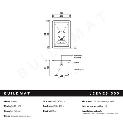 Buildmat Sink Brushed Stainless Steel Jeeves 300x450 Single Bowl Butler Sink