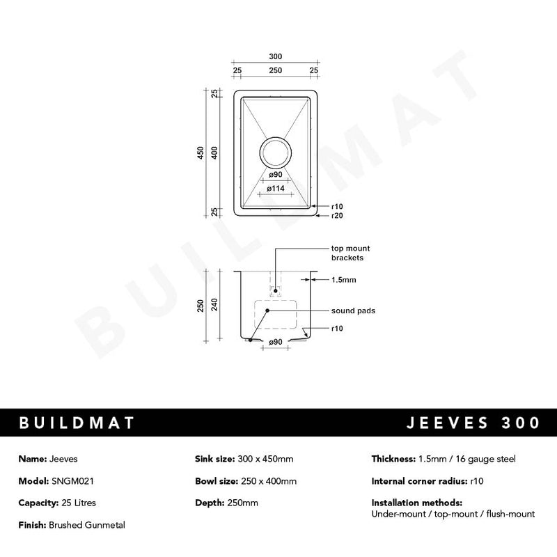 Brushed Gunmetal Jeeves 300x450 Single Bowl Butler Sink