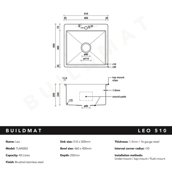 Buildmat Sink Stainless Steel Leo 510x500 Single Bowl Tap Landing Sink