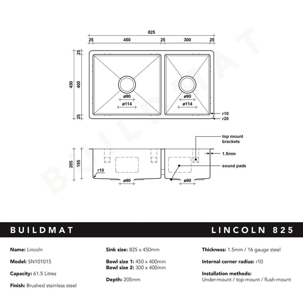 Buildmat Sink Brushed Stainless Steel Lincoln 825x450 Single +3/4 Bowl Sink