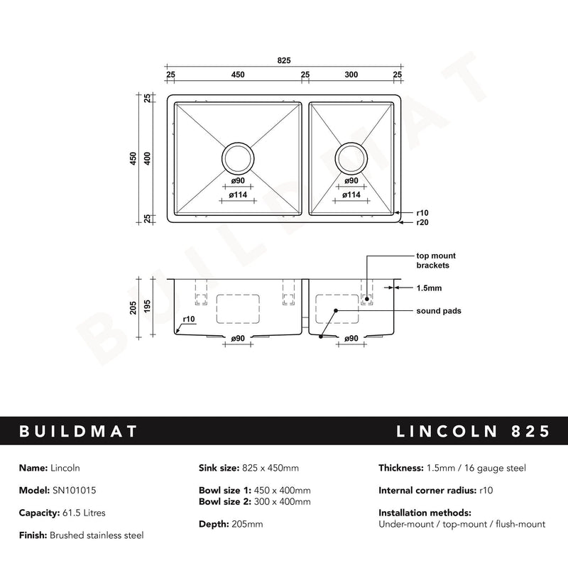 Buildmat Sink Brushed Stainless Steel Lincoln 825x450 Single +3/4 Bowl Sink