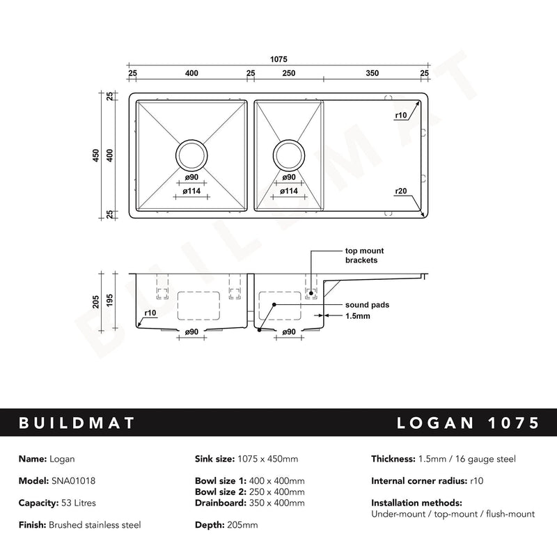 Buildmat Sink Stainless Steel Logan 1075x450 Single & Qtr Bowl with Drain Board Sink