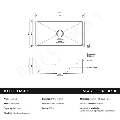 Buildmat Sink Stainless Steel Marissa 810x450 XLarge Single Bowl Sink Trough