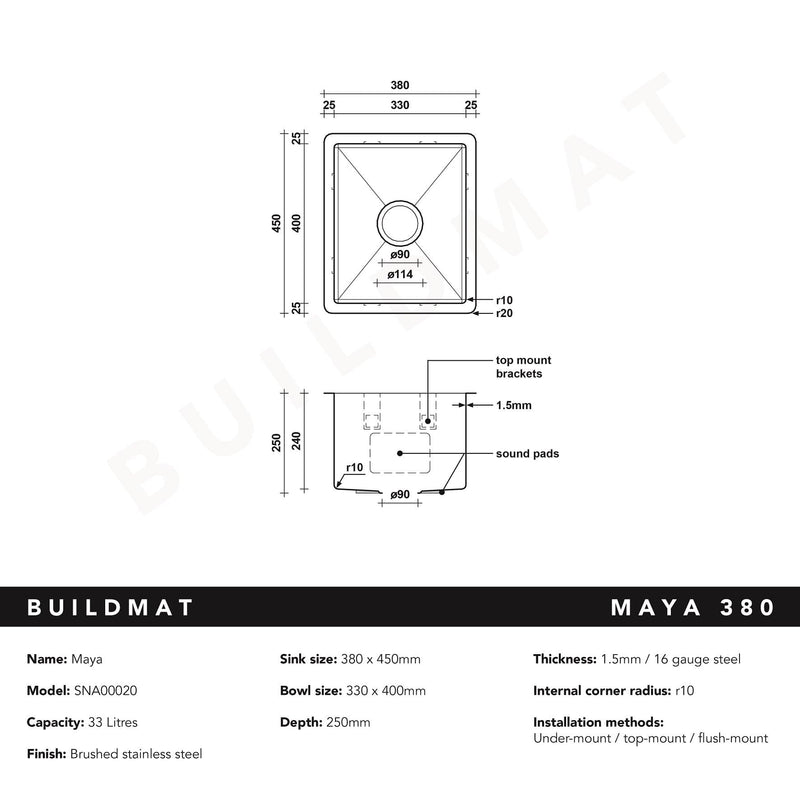 Buildmat Sink Stainless Steel Maya 380x450 Single Bowl Sink