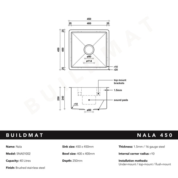 Buildmat Sink Sink Nala 450x450 Single Bowl Sink