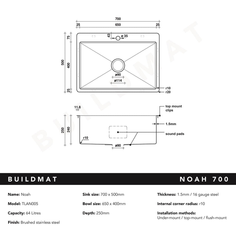 Buildmat Sink Brushed Stainless Steel Noah 700x500 Large Single Bowl Tap Landing Sink