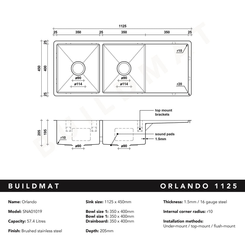 Buildmat Sink Sink Orlando 1125x450 Double Bowl with Drain Board Sink