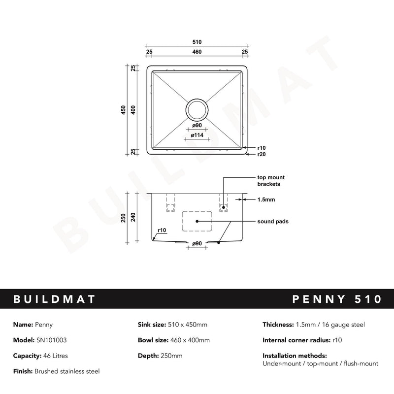 Buildmat Sink Stainless Steel Penny 510x450 Single Bowl Sink