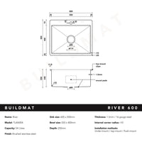Buildmat Sink Brushed Stainless Steel River 600x500 Medium Single Bowl Tap Landing Sink