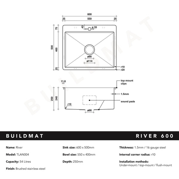 Buildmat Sink Brushed Stainless Steel River 600x500 Medium Single Bowl Tap Landing Sink