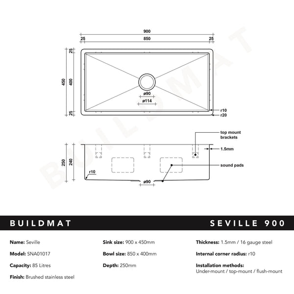 Buildmat Sink Stainless Steel Seville 900x450 XXLarge Single Bowl Sink