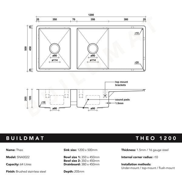 Buildmat Sink Theo 1200x500 Double Bowl with Drain Board Sink