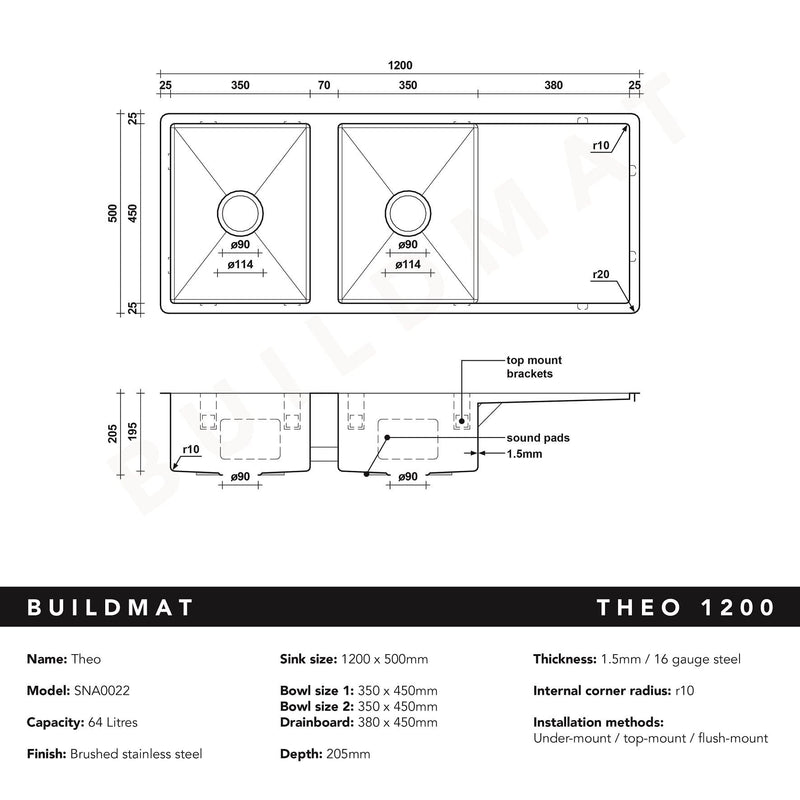 Buildmat Sink Theo 1200x500 Double Bowl with Drain Board Sink